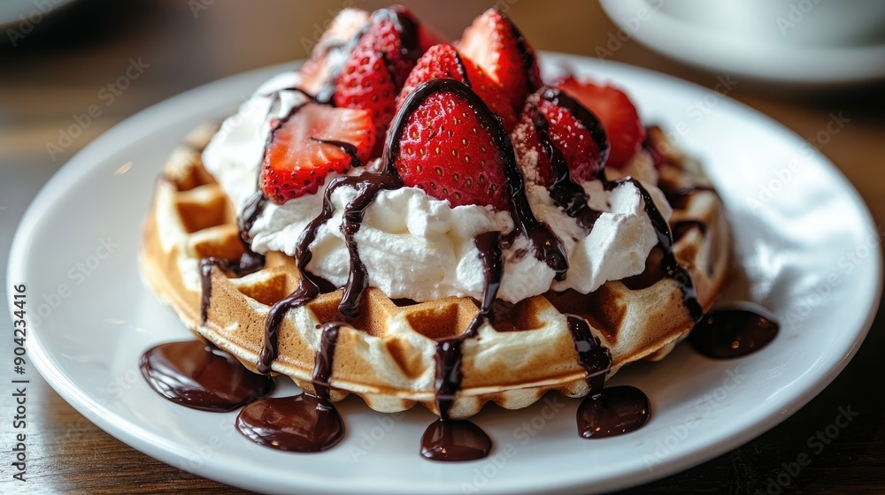 A decadent Belgian waffle topped with strawberries, whipped cream, and chocolate sauce on a white plate. A decadent Belgian waffle topped with strawberries, whipped cream, and chocolate sauce on a white plate.