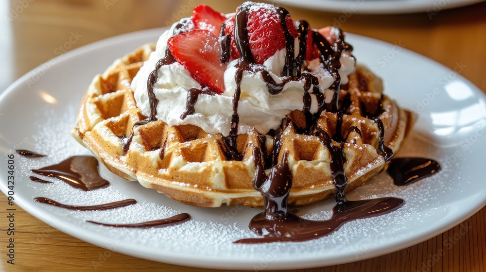 A decadent Belgian waffle topped with strawberries, whipped cream, and chocolate sauce on a white plate. A decadent Belgian waffle topped with strawberries, whipped cream, and chocolate sauce on a white plate.