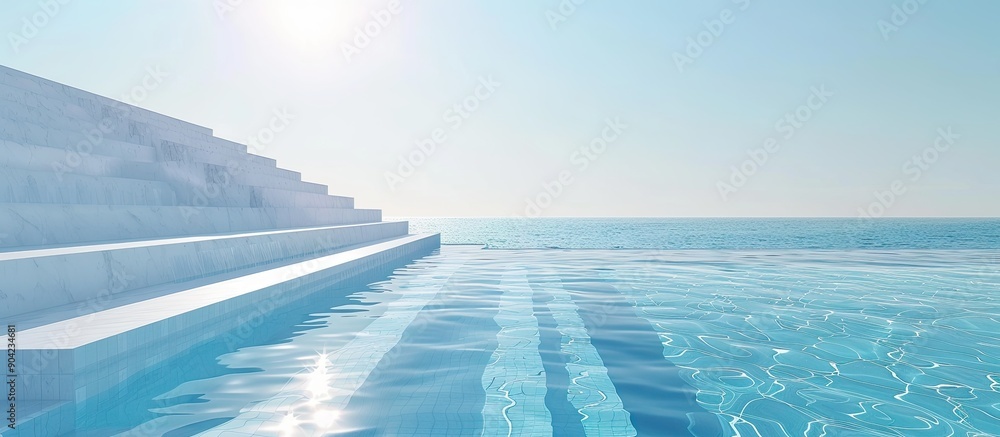 Empty swimming pool outdoors on a sunny day with clear blue water stairs and plenty of room for text in a summer holiday setting ideal for a copy space image Empty swimming pool outdoors on a sunny day with clear blue water stairs and plenty of room for text in a summer holiday setting ideal for a copy space image