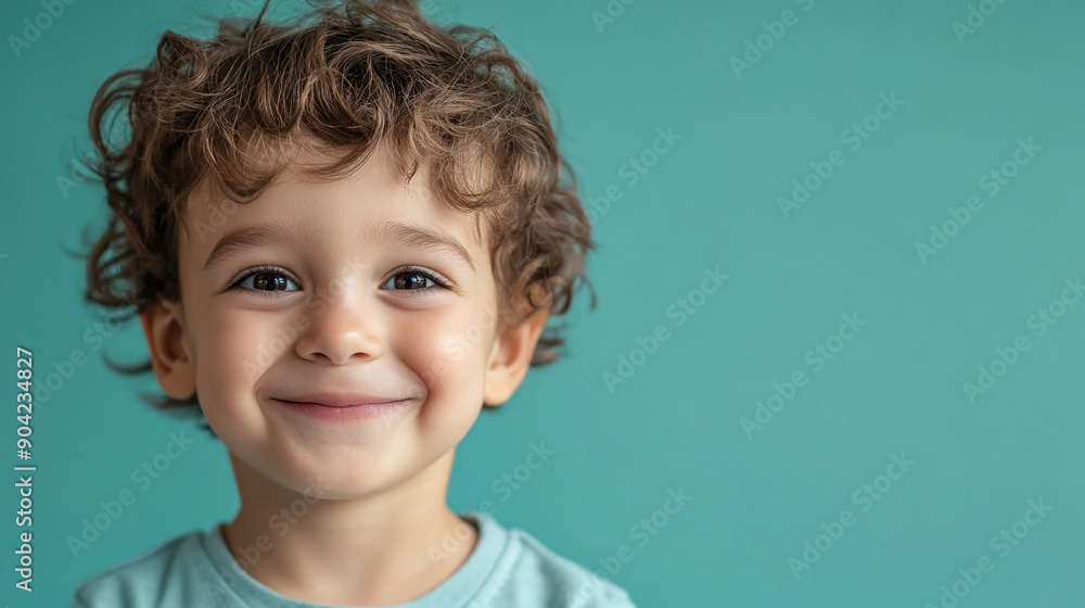 Happy boy against a pastel teal background Happy boy against a pastel teal background