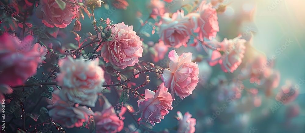 Close up image of Veilchenblau a rose bush with pink roses blooming in the garden in spring displaying a delicate summer flower in the flower bed with copy space image Close up image of Veilchenblau a rose bush with pink roses blooming in the garden in spring displaying a delicate summer flower in the flower bed with copy space image