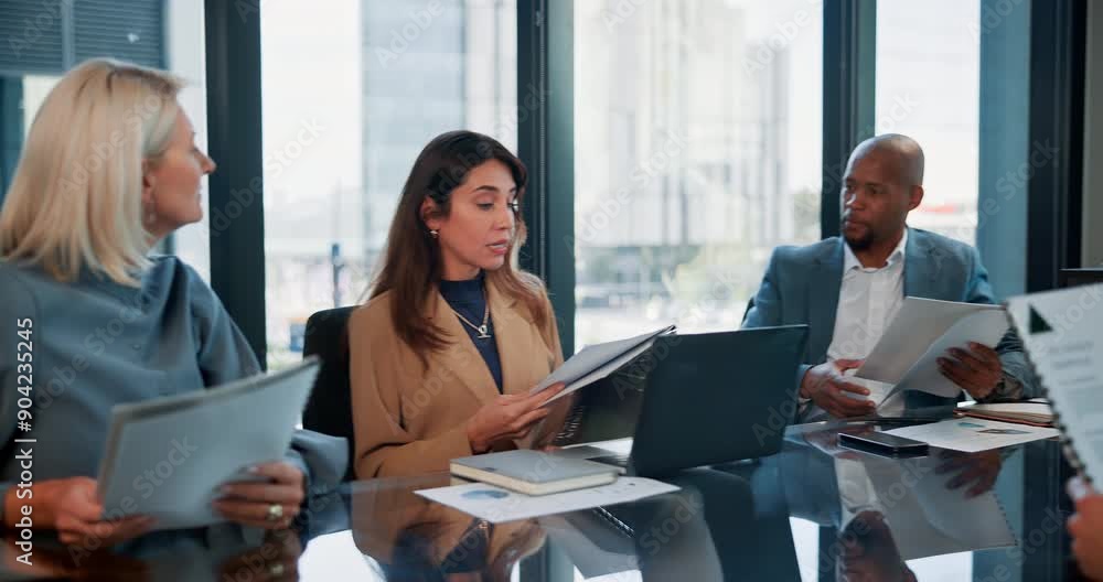 Business, woman and conversation with documents in meeting for report, profit and loss statement or balance sheets. Employees, talk and paperwork by public trade company for stock performance summary Business, woman and conversation with documents in meeting for report, profit and loss statement or balance sheets. Employees, talk and paperwork by public trade company for stock performance summary