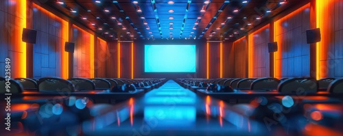 Empty conference room with blue and orange lighting.
