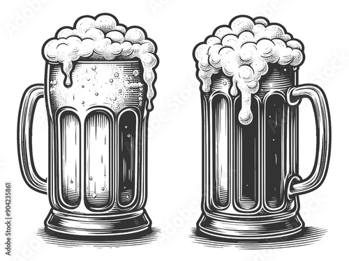 frothy beer mugs in black and white, showcasing classic beer drinking with overflowing foam sketch engraving generative ai vector illustration. Scratch board imitation. Black and white image.