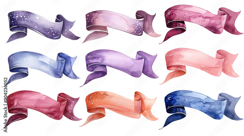 Obraz premium Collection of metallic ribbon banners in watercolor vector style on a white background, ideal for adding a luxurious touch to designs