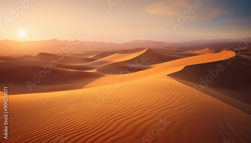 A golden sunset paints the rolling sand dunes of a vast desert