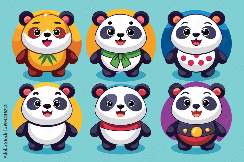 Fototapeta premium Six Cute Cartoon Pandas in Various Outfits