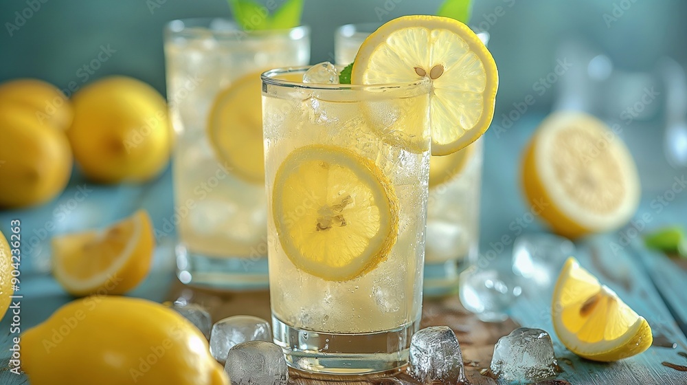 Homemade lemonade with bright lemons, ice cubes, and glasses of lemonade Homemade lemonade with bright lemons, ice cubes, and glasses of lemonade