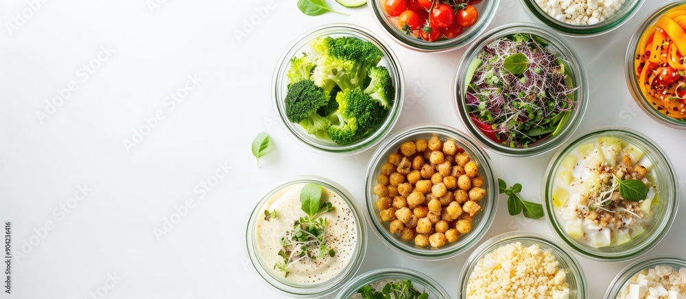 Glass containers with various healthy meals and ingredients arranged on a white backdrop for a flat lay style with room for text alongside the copy space image Glass containers with various healthy meals and ingredients arranged on a white backdrop for a flat lay style with room for text alongside the copy space image