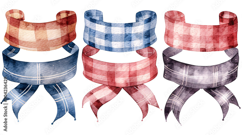 Fototapeta premium Plaid ribbon banners in watercolor vector style on a white background, suitable for rustic and country-themed designs