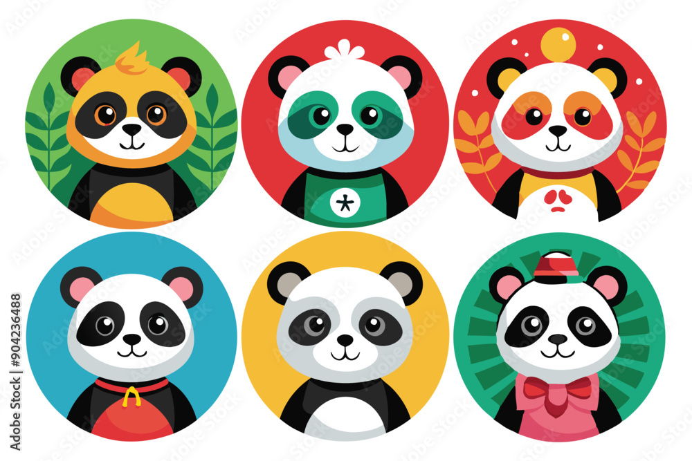 Six Cute Cartoon Pandas with Different Expressions and Outfits in Circular Frames Six Cute Cartoon Pandas with Different Expressions and Outfits in Circular Frames