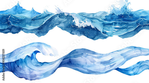 Watercolor vector style ribbon banners with ocean waves on a white background, suitable for marine and beach themes photo