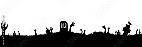 Halloween silhouette. Cemetery with graves and zombies. Zombies crawl out of their graves. Vector illustration.