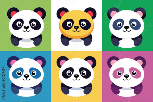 Six Cartoon Pandas with Different Colored Accents