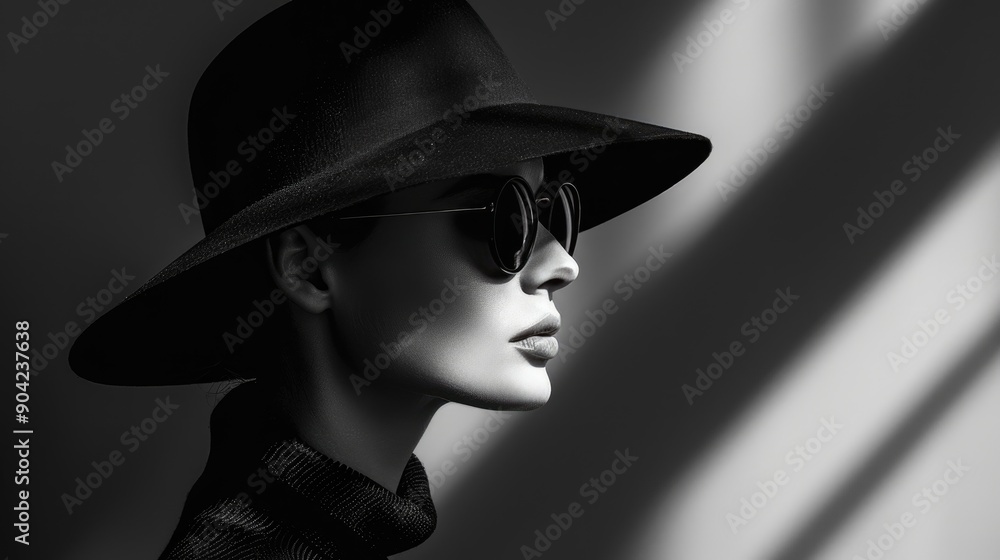 Black and white portrait of a stylish woman wearing a wide-brimmed hat and sunglasses, casting dramatic shadows. Black and white portrait of a stylish woman wearing a wide-brimmed hat and sunglasses, casting dramatic shadows.