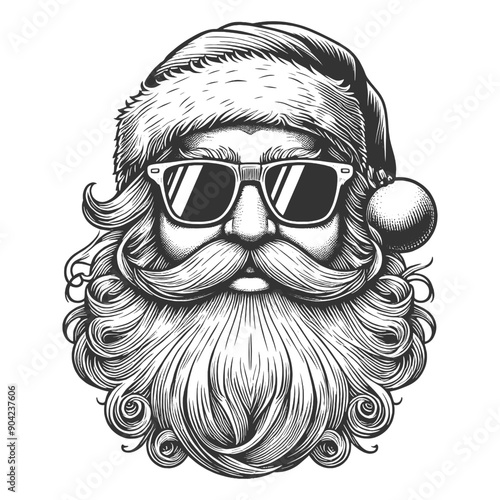 Santa Claus wearing sunglasses. Modern stylish depiction of the festive character sketch engraving generative ai fictional character vector illustration. Scratch board imitation. Black and white image