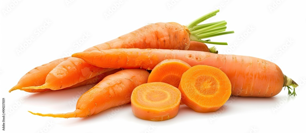 Isolated on a white background a front view of orange carrots with stick shaped slices provides a clear unobstructed copy space image Isolated on a white background a front view of orange carrots with stick shaped slices provides a clear unobstructed copy space image