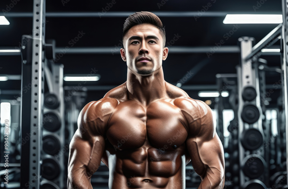 muscular Asian man flexes in gym, showcasing impressive physique. bodybuilding and sports training. muscular Asian man flexes in gym, showcasing impressive physique. bodybuilding and sports training.