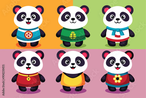 Six Cute Cartoon Pandas Wearing Different Outfits