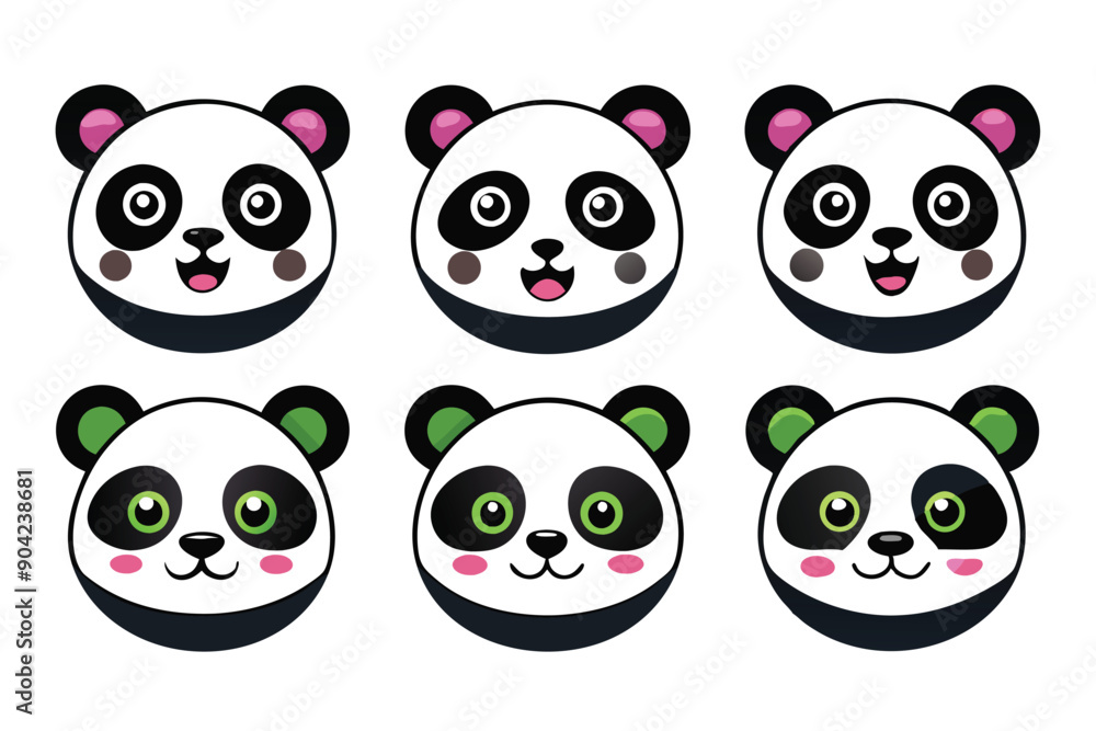 Six Adorable Cartoon Panda Faces with Different Expressions