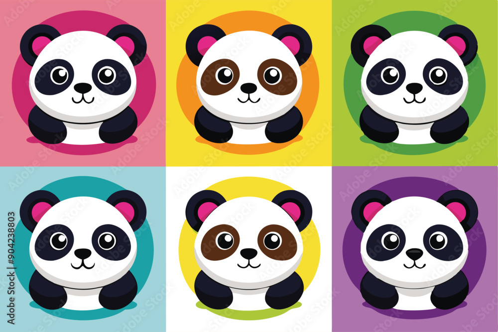 Six Cartoon Pandas with Different Expressions and Colors Six Cartoon Pandas with Different Expressions and Colors