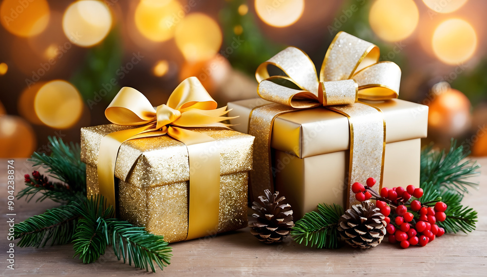 christmas and new year background - gift boxes and pine cones and branches on the background of bokeh garlands. Cozy background, winter. christmas and new year background - gift boxes and pine cones and branches on the background of bokeh garlands. Cozy background, winter.