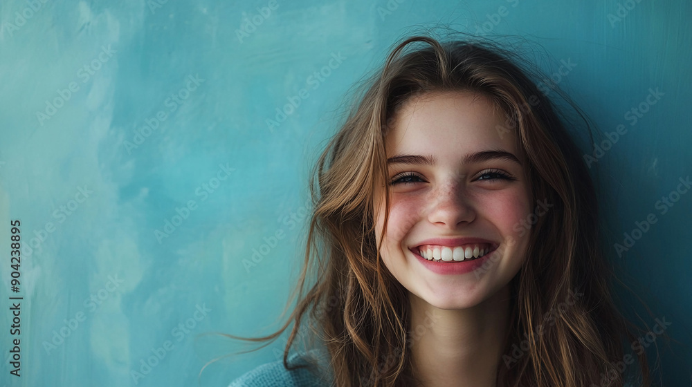 Smiling girl with a pale coral background Smiling girl with a pale coral background