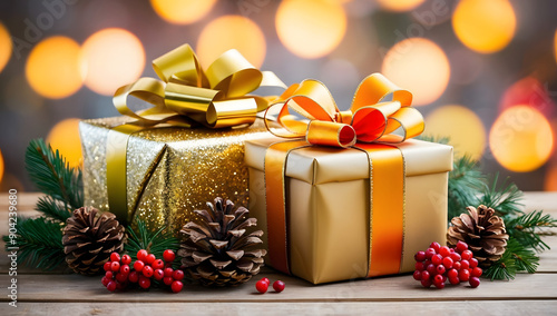 christmas and new year background - gift boxes and pine cones and branches on the background of bokeh garlands. Cozy background, winter.