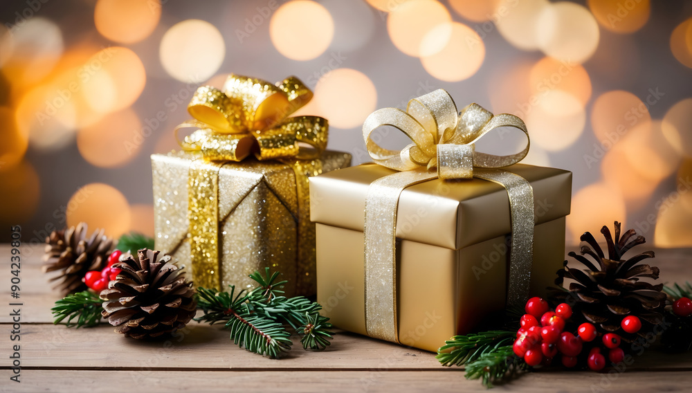 christmas and new year background - gift boxes and pine cones and branches on the background of bokeh garlands. Cozy background, winter. christmas and new year background - gift boxes and pine cones and branches on the background of bokeh garlands. Cozy background, winter.