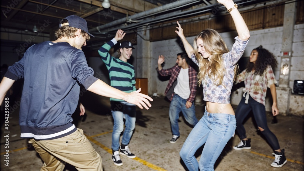 Obraz premium Few friends dancing with energetic mood at warehouse party
