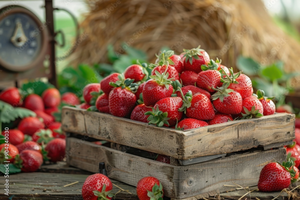 A wooden crate overflowing with bright red strawberries sits on a rustic wooden surface, surrounded by lush green foliage A wooden crate overflowing with bright red strawberries sits on a rustic wooden surface, surrounded by lush green foliage