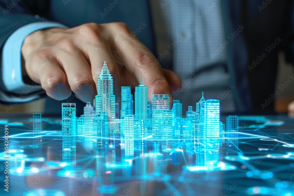 Business leader navigates urban holographic model Business leader navigates urban holographic model