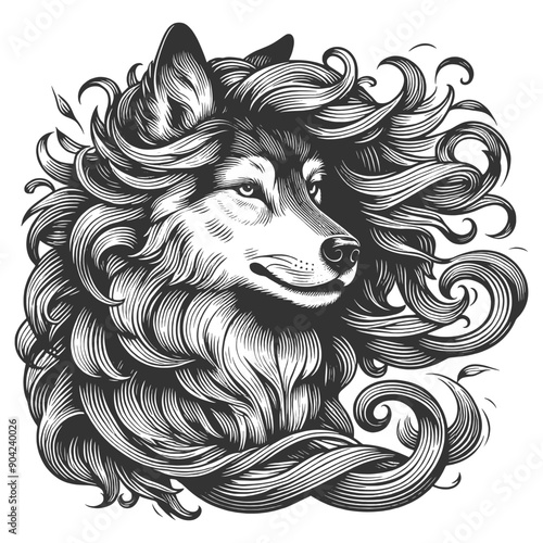 Wolf dog with long flowing, curly female hair fur, in a vintage style sketch engraving generative ai vector illustration. Scratch board imitation. Black and white image.