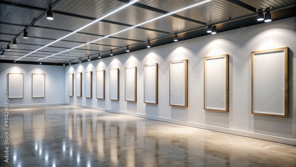 Modern gallery with a row of narrow blank posters on a luminous wall, evenly spaced, gallery, modern, posters, blank, luminous, wall Modern gallery with a row of narrow blank posters on a luminous wall, evenly spaced, gallery, modern, posters, blank, luminous, wall