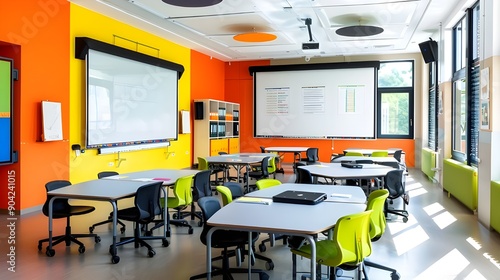 Modern Classroom with Smartboards and Tablets.