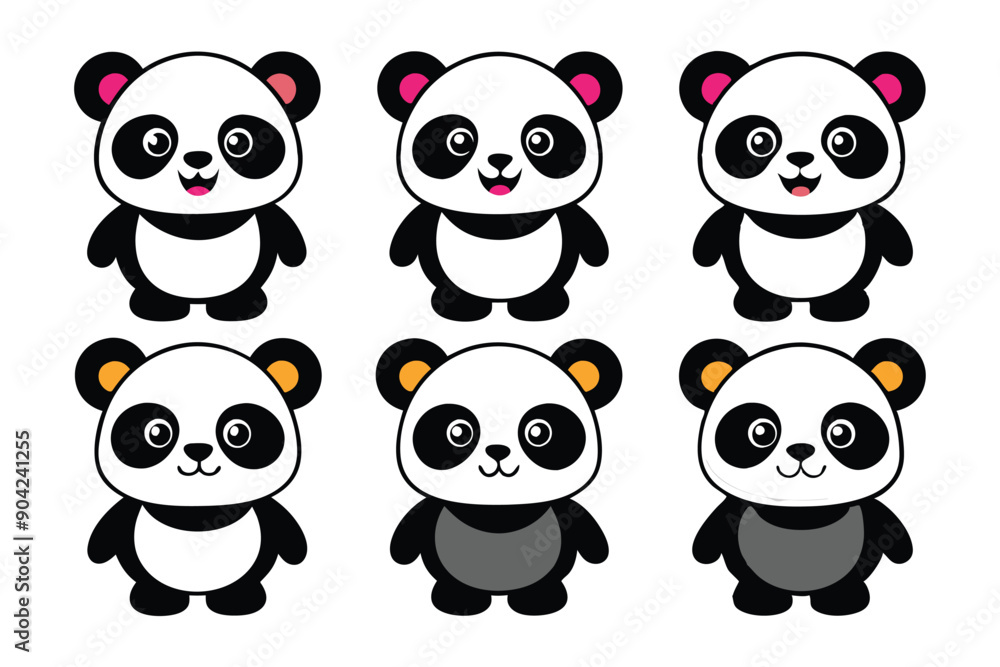Six Cute Cartoon Pandas with Different Ear Colors Six Cute Cartoon Pandas with Different Ear Colors