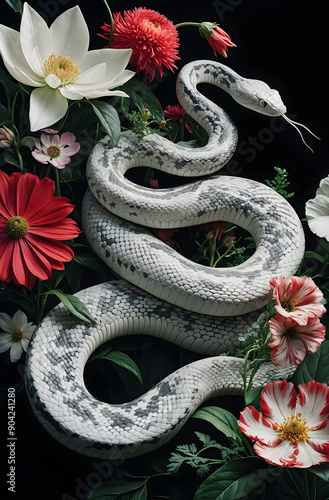 Illustration of a white snake surrounded by flowers on a black surface. Nature background. Beautiful red roses. Artistic.