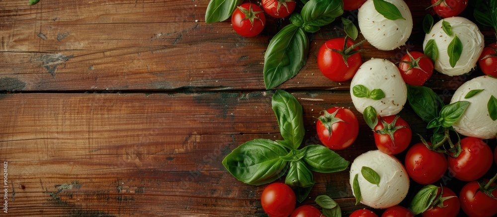 A top view of mozzarella with basil and cherry tomatoes placed on a wooden table showcasing a copy space image A top view of mozzarella with basil and cherry tomatoes placed on a wooden table showcasing a copy space image
