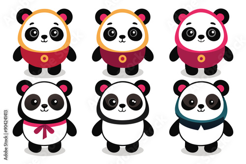 Six Adorable Cartoon Pandas in Various Outfits