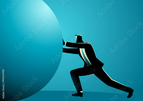 Business concept of businessman pushing large sphere, vector illustration