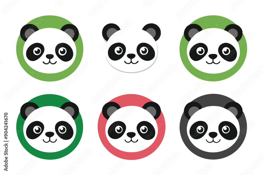 Six Cartoon Panda Faces in Circular Frames with Different Colors Six Cartoon Panda Faces in Circular Frames with Different Colors