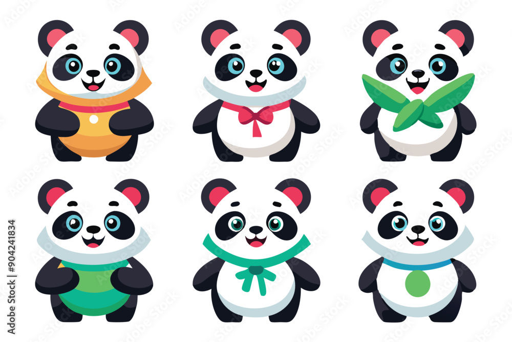 Naklejka premium Six Adorable Cartoon Pandas with Unique Accessories