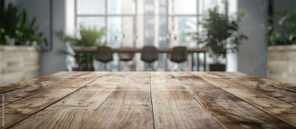 Wooden table in an office setting showcasing an advertisement with a blurred modern meeting area as the copy space image Wooden table in an office setting showcasing an advertisement with a blurred modern meeting area as the copy space image