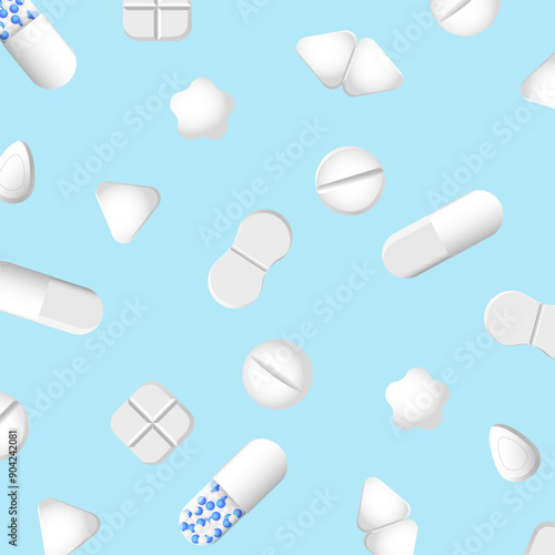 Minimal pharmacy concept. Vector seamless pattern with tablets, pills and capcules.  A health design element for websites, apps. EPS10.
