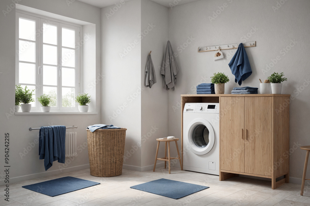 Interior of laundry room with washing machines and dirty clothes Interior of laundry room with washing machines and dirty clothes