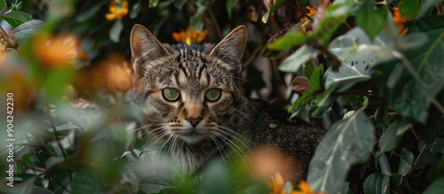 A cat gazing at the camera in a garden setting with empty space for text or graphics in the image. Copy space image. Place for adding text and design photo