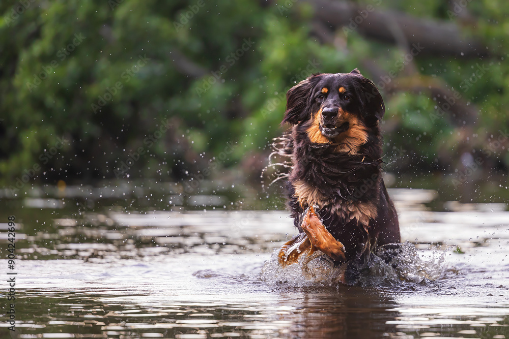 male black and gold Hovie dog hovawart jumping through the water in the river male black and gold Hovie dog hovawart jumping through the water in the river