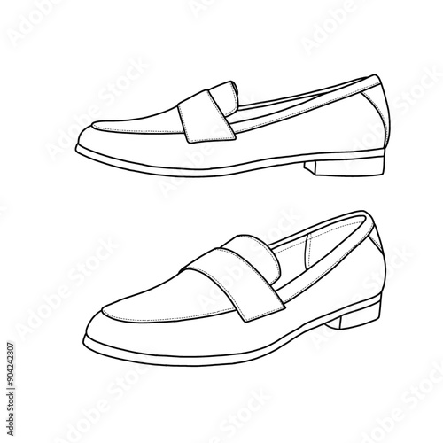 Template vector loafer shoes, slip-on casual shoes, suitable for your custom loafer shoe slip-on shoe design. Outline vector doodle illustration, front, and side views