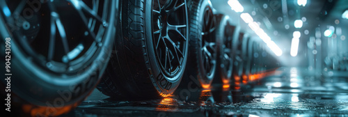 A row of sleek, black tires in a modern, dimly-lit warehouse with shining reflections on the wet floor.