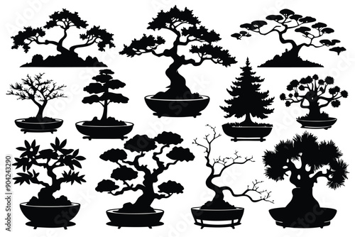 Collection of Bonsai Tree Silhouettes in Pots